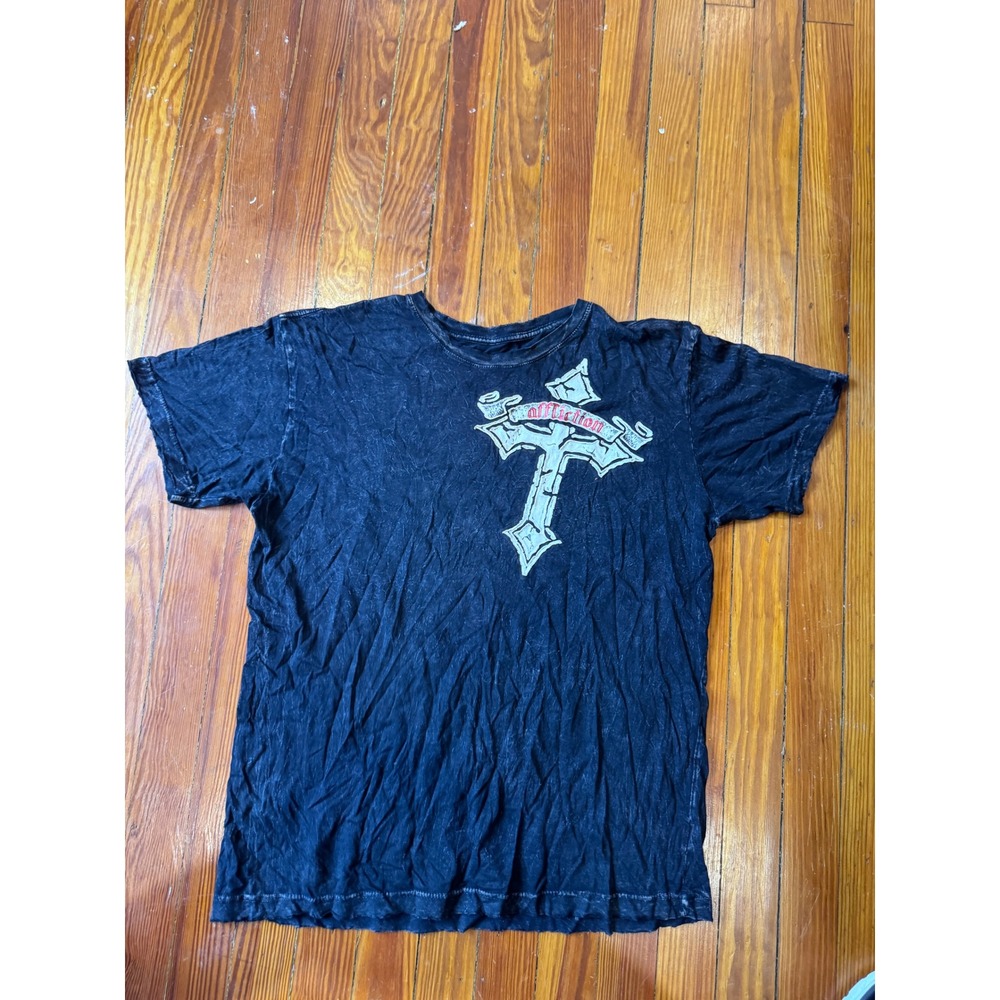 Affliction X-Cut Series Mens Large Black Graphic T-Shirt Winged Skull Cross USA